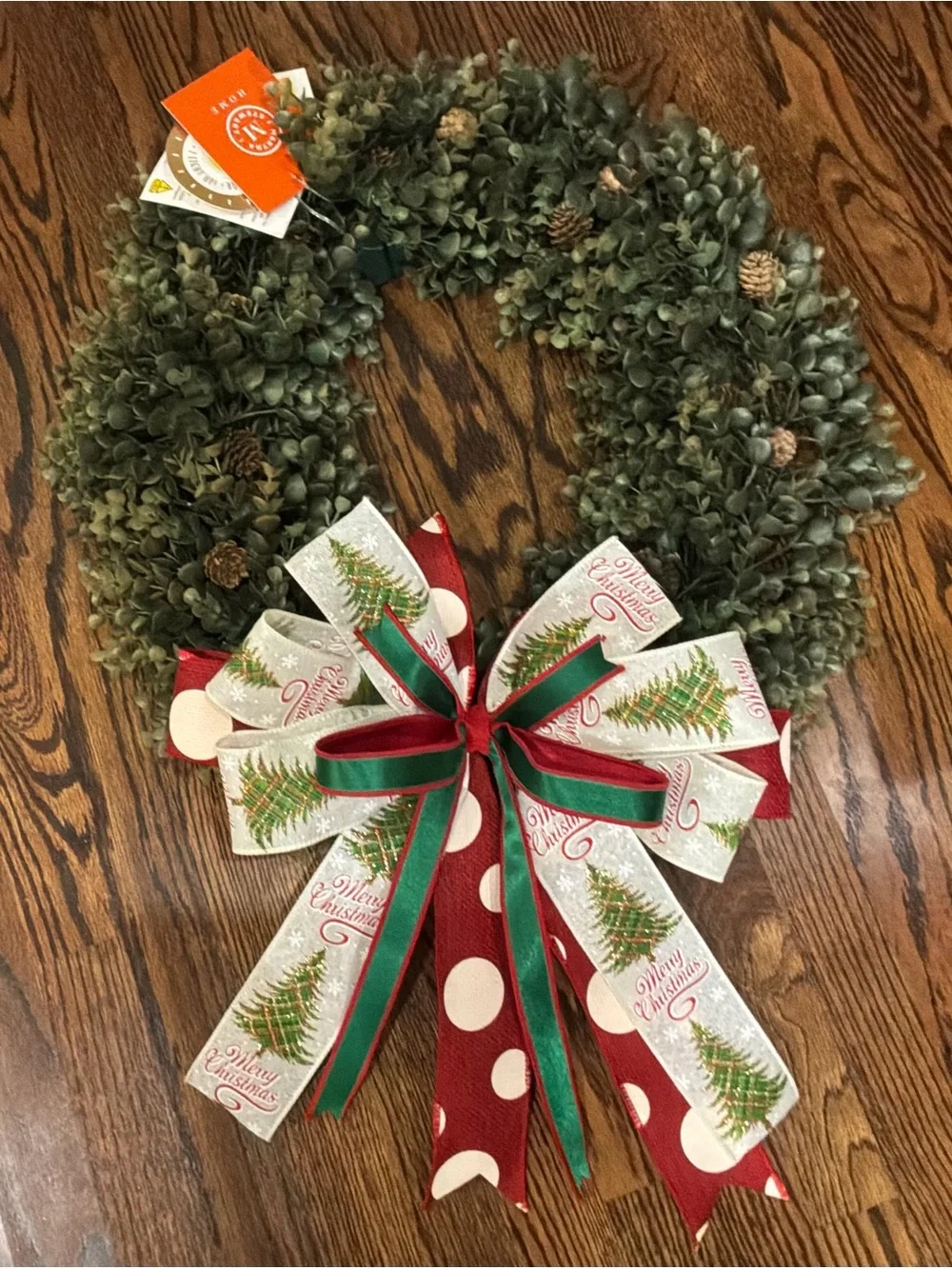 Green Hydrangea Holiday Wreath with Red & White Tree Ribbon Bow by